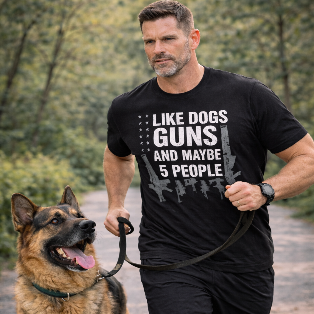 I Like Dogs, Guns and Maybe 5 People Tee — Distressed Flag